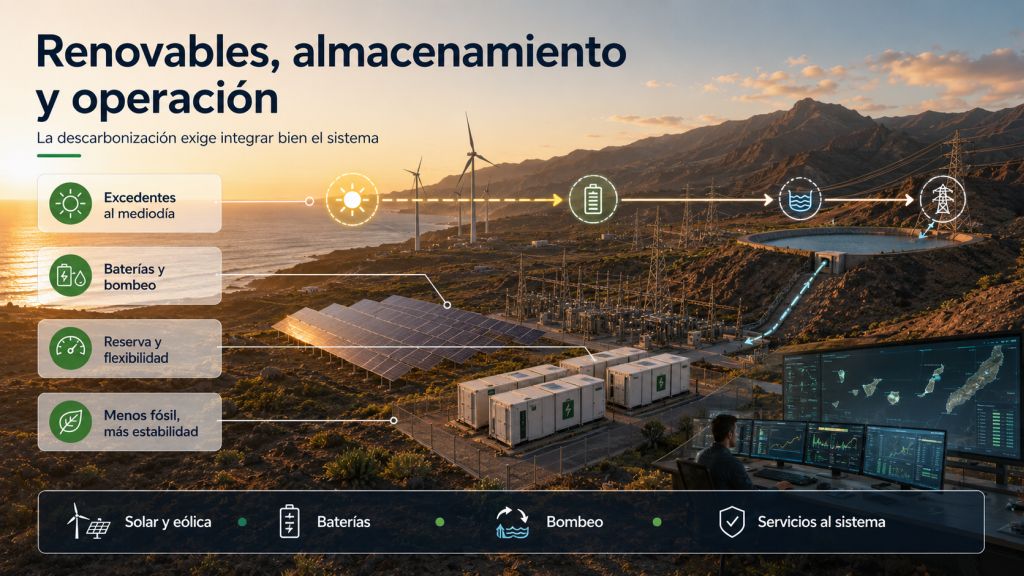 Infografía sobre renovables, almacenamiento y operación eléctrica en Canarias, con baterías, bombeo, red, centro de control y reducción de generación fósil.