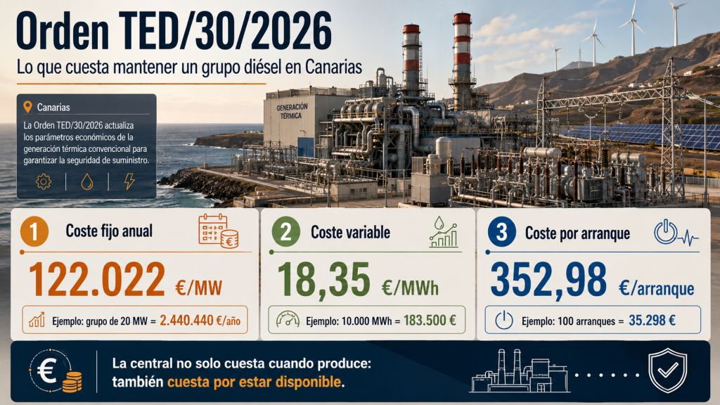 Infografía sobre la Orden TED/30/2026 con ejemplos de coste fijo, coste variable y coste por arranque de un grupo diésel en Canarias.