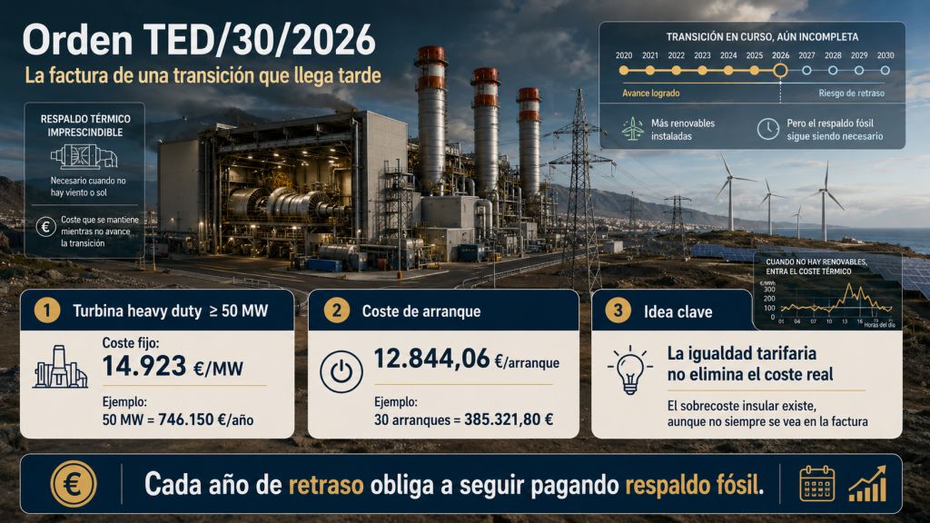 Infografía sobre la Orden TED/30/2026 que muestra el coste de mantener respaldo fósil en Canarias mientras se retrasa la transición energética.
