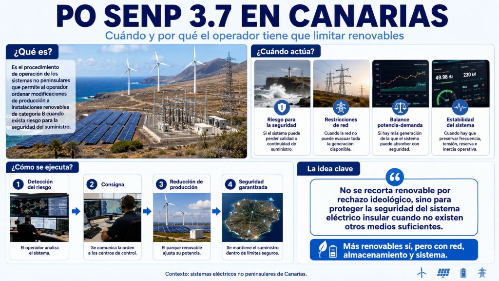 Infografía sobre el PO SENP 3.7 en Canarias que explica cuándo y por qué el operador puede limitar la producción renovable para proteger la seguridad del sistema eléctrico insular.