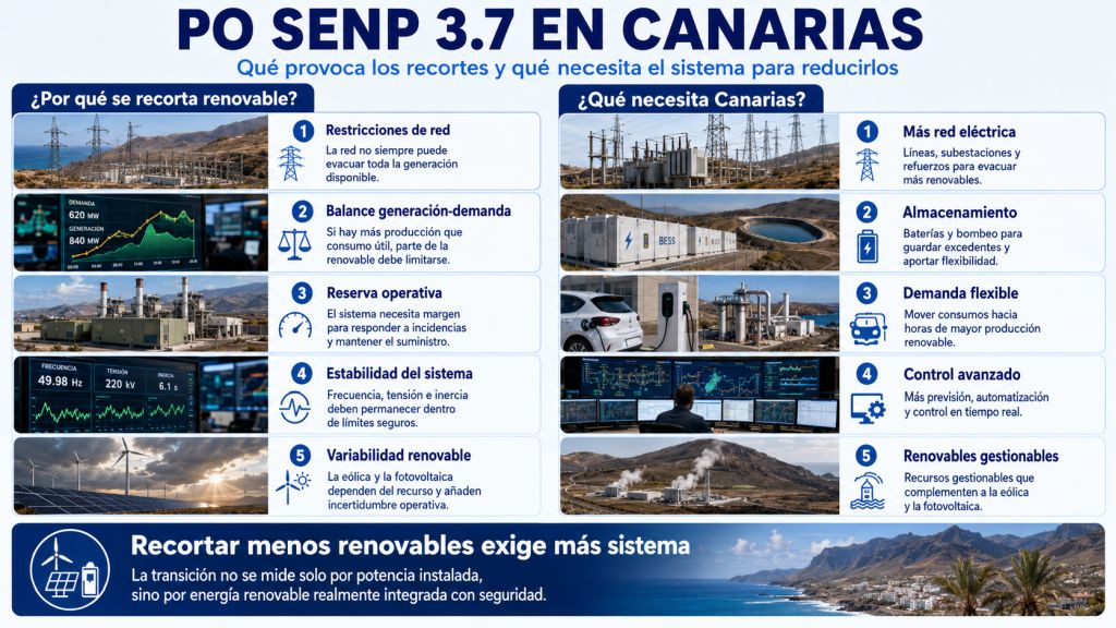Infografía sobre los recortes renovables en Canarias, mostrando sus causas principales y las soluciones necesarias: red eléctrica, almacenamiento, demanda flexible, control avanzado y renovables gestionables.