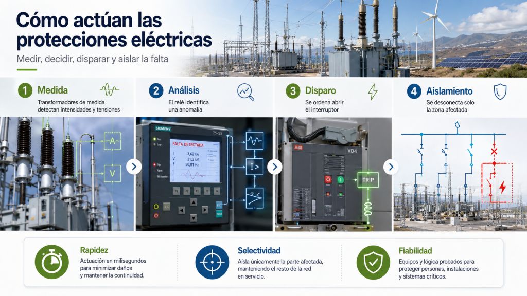 Infografía sobre cómo actúan las protecciones eléctricas: medida, análisis, disparo y aislamiento de una falta en la red.