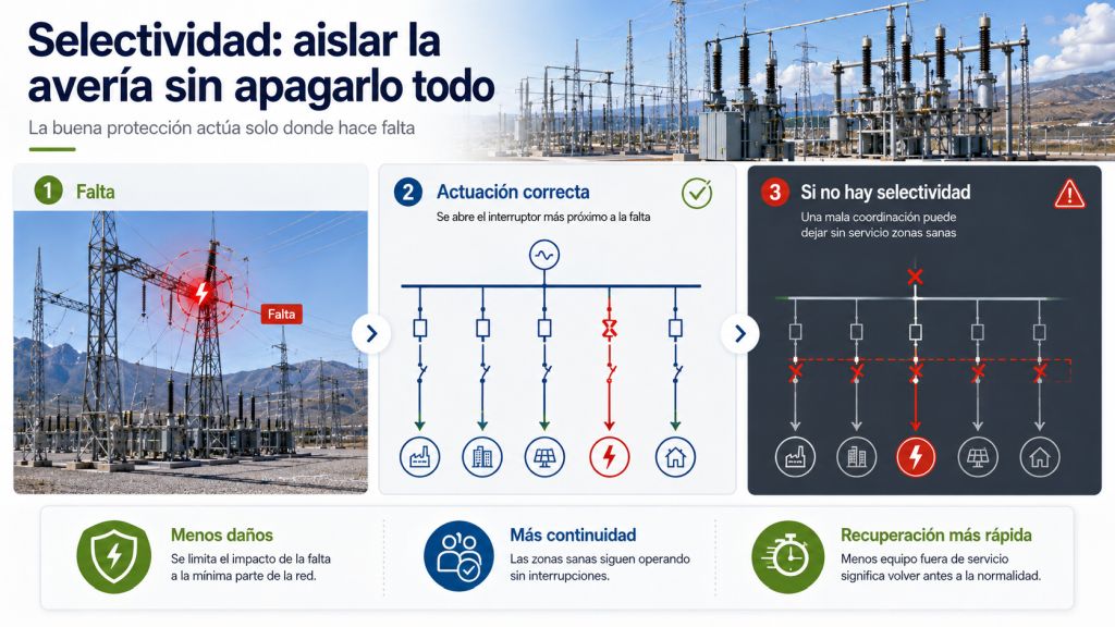 Infografía sobre la selectividad de las protecciones eléctricas para aislar una avería sin desconectar zonas sanas de la red.