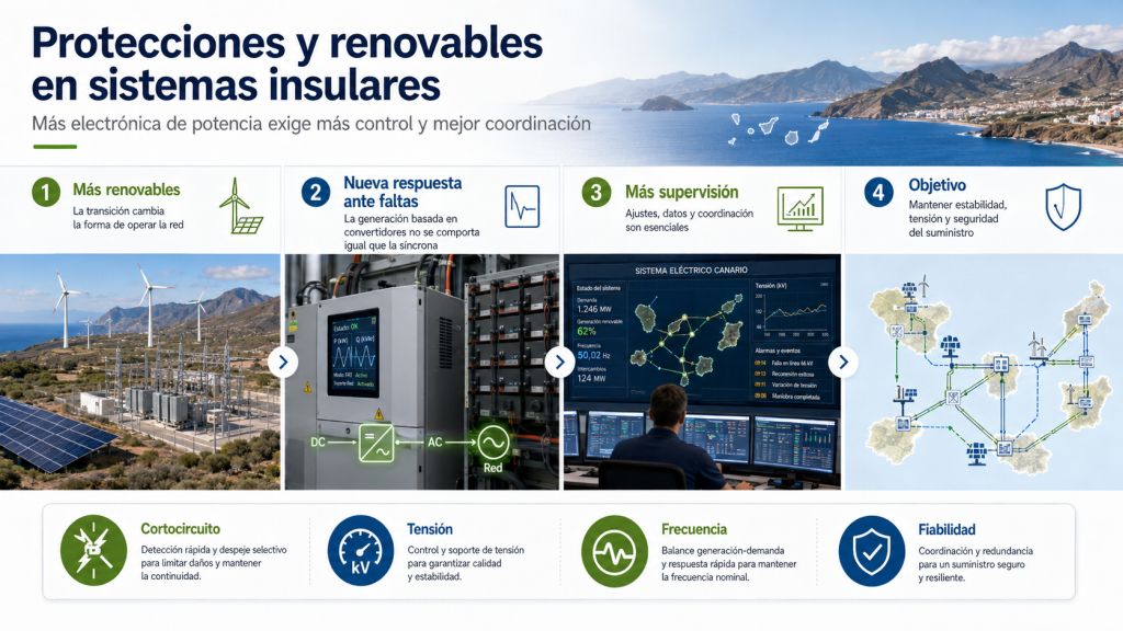 Infografía sobre protecciones eléctricas y renovables en sistemas insulares, con control de cortocircuito, tensión y frecuencia.