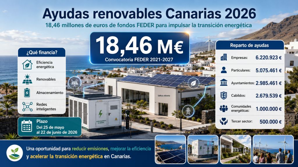 Infografía sobre ayudas renovables Canarias 2026, con 18,46 millones de euros FEDER para eficiencia, renovables, almacenamiento y redes inteligentes.