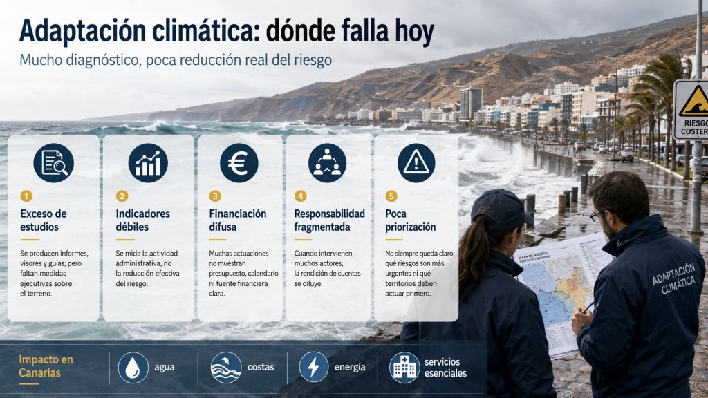Adaptación climática en una costa canaria con oleaje intenso, técnicos revisando un mapa de riesgos y cinco carencias principales de la planificación: exceso de estudios, indicadores débiles, financiación difusa, responsabilidad fragmentada y poca priorización.