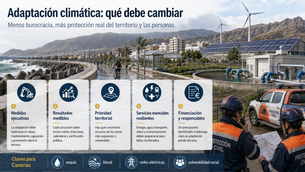 Medidas necesarias para una adaptación climática más efectiva en Canarias, con protección costera, infraestructuras de agua y energía, personal de Protección Civil y prioridades como sequía, litoral, redes eléctricas y vulnerabilidad social.