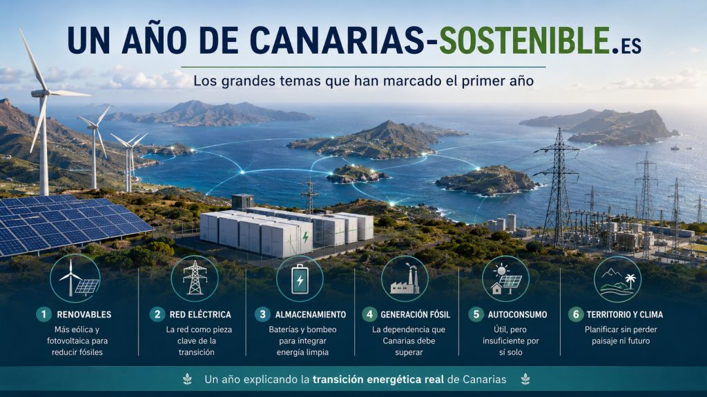 Un año de Canarias-sostenible.es: renovables, red eléctrica, almacenamiento, generación fósil, autoconsumo, territorio y clima en la transición energética canaria.