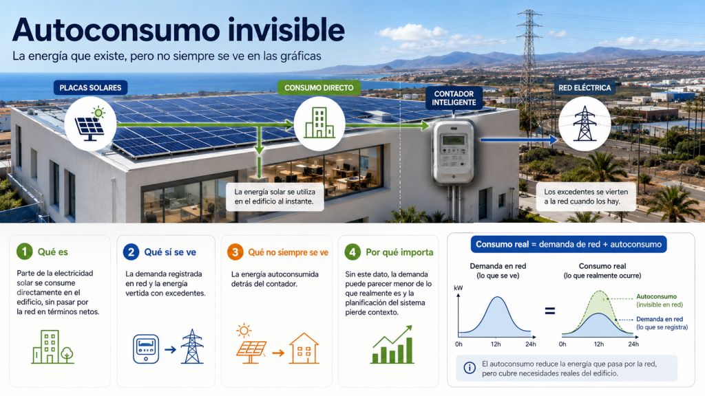 Infografía sobre autoconsumo invisible en Canarias, mostrando cómo parte de la energía solar se consume directamente en el edificio y no siempre aparece en las gráficas de demanda eléctrica.