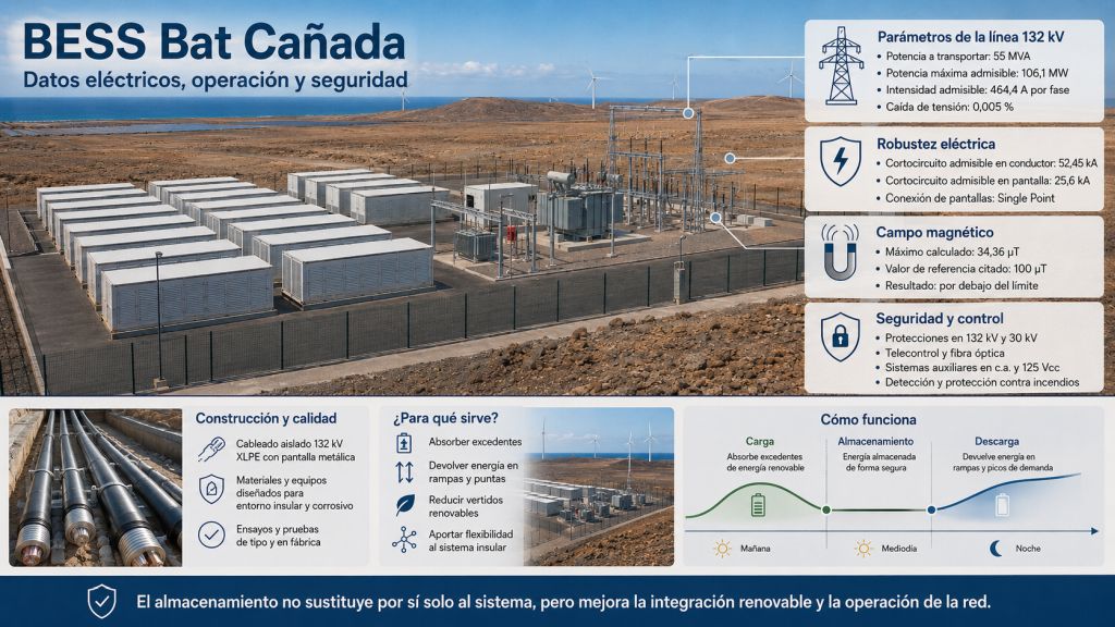 Infografía del BESS Bat Cañada con parámetros eléctricos, seguridad, campo magnético, telecontrol y función del almacenamiento en la red insular.