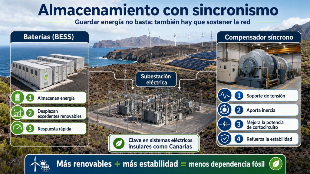 Infografía sobre almacenamiento con sincronismo en Canarias, comparando baterías BESS y compensadores síncronos para reforzar la estabilidad eléctrica.