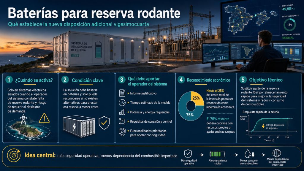 Infografía sobre la nueva regulación de baterías para reserva rodante en sistemas eléctricos aislados: condiciones de activación, informe del operador, requisitos técnicos y financiación.