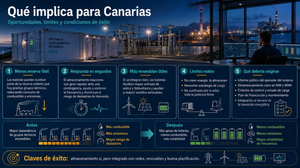 Infografía sobre las repercusiones de las baterías para reserva rodante en Canarias: menos generación fósil, respuesta rápida ante incidencias, mayor integración renovable y límites del almacenamiento.