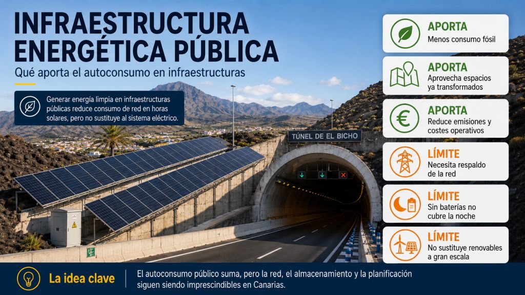Infografía sobre la infraestructura energética pública: el autoconsumo en carreteras reduce consumo fósil, emisiones y costes, pero necesita respaldo de red, almacenamiento y renovables a gran escala.