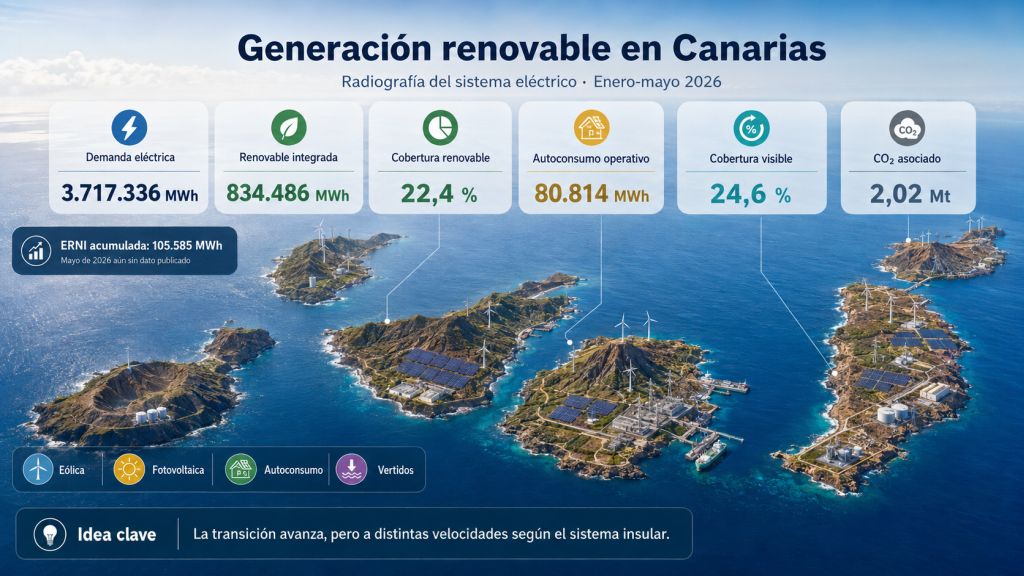 Infografía sobre la generación renovable en Canarias entre enero y mayo de 2026, con datos de demanda, renovables, autoconsumo, cobertura y emisiones.