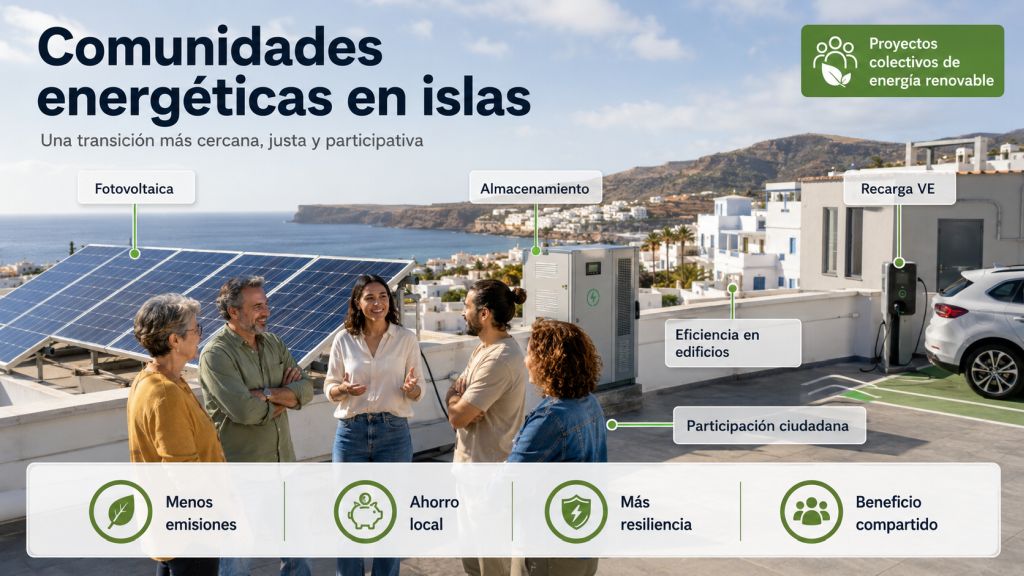 Comunidad energética insular con vecinos, paneles solares, almacenamiento, recarga de vehículos eléctricos y beneficios como menos emisiones, ahorro local y mayor resiliencia.