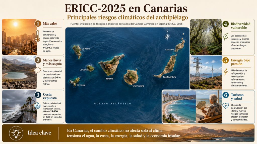 Mapa de Canarias con los principales riesgos climáticos señalados por el ERICC-2025: más calor, sequía, costa expuesta, biodiversidad vulnerable, presión energética y efectos sobre turismo y salud.
