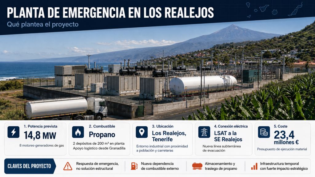 Infografía sobre la planta de emergencia en Los Realejos, con datos de potencia, propano, ubicación, conexión y coste.