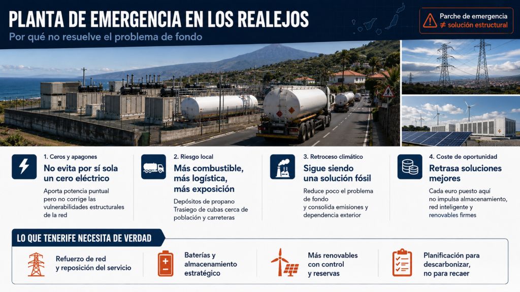 Infografía crítica sobre la planta de emergencia en Los Realejos y sus límites frente a apagones, riesgos y transición energética.