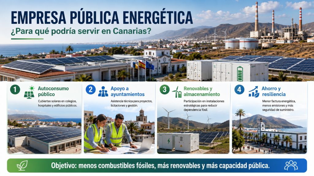 Infografía sobre una empresa pública energética en Canarias, con edificios públicos solares, almacenamiento, apoyo municipal y reducción de combustibles fósiles.