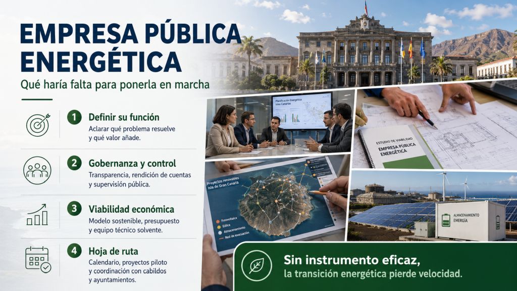 Infografía sobre los pasos necesarios para crear una empresa pública energética en Canarias: función, gobernanza, viabilidad económica y hoja de ruta.