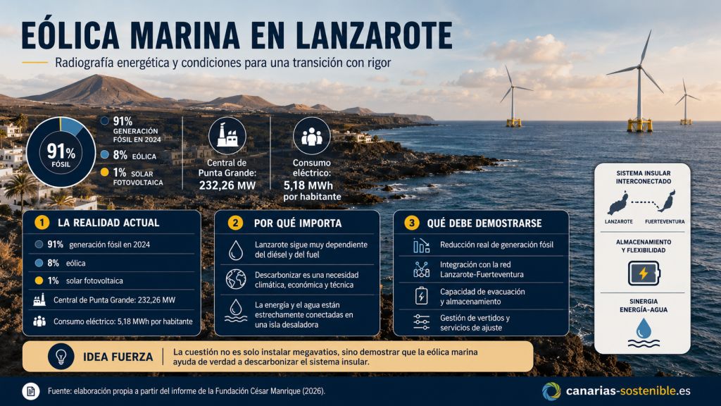 Eólica marina en Lanzarote: generación fósil del 91 % en 2024 y condiciones técnicas necesarias para integrar renovables, almacenamiento y red Lanzarote-Fuerteventura.