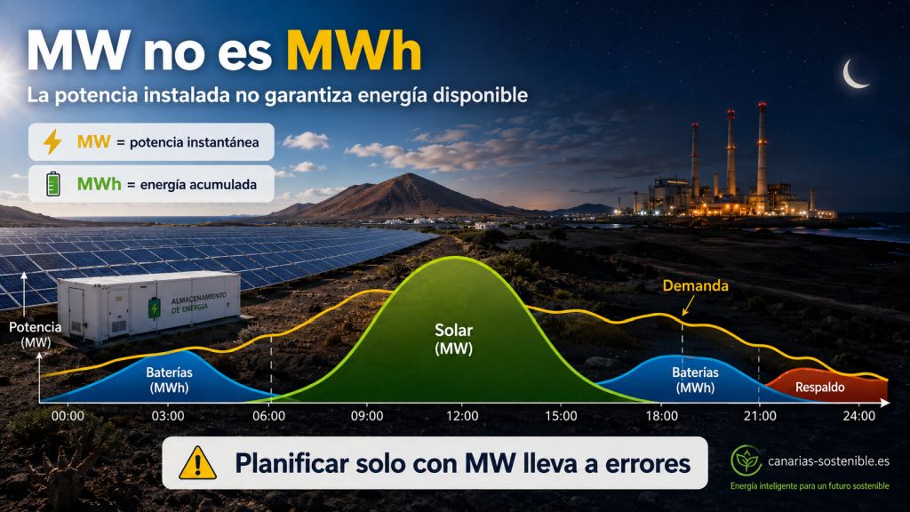 Infografía sobre Lanzarote que compara potencia instalada en MW y energía acumulada en MWh, mostrando la producción solar diurna, el papel de las baterías y la necesidad de respaldo durante la noche.