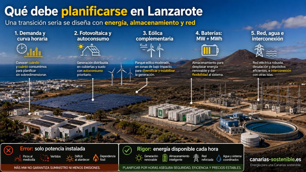 Infografía fotorrealista sobre planificación energética en Lanzarote con fotovoltaica, eólica, baterías, red eléctrica, desalación y almacenamiento de agua; destaca que una transición energética rigurosa debe analizar demanda, energía, red y flexibilidad.