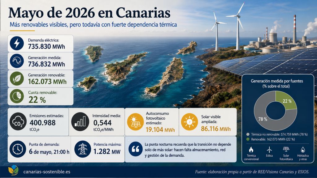 Infografía sobre mayo de 2026 en los sistemas eléctricos canarios con demanda, generación renovable, emisiones, autoconsumo y dependencia térmica.