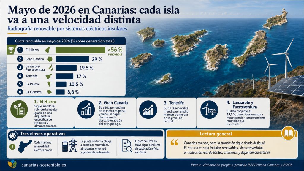 Infografía comparativa de la cuota renovable por islas en Canarias durante mayo de 2026, destacando las diferencias entre El Hierro, Gran Canaria, Tenerife, Lanzarote-Fuerteventura, La Palma y La Gomera.