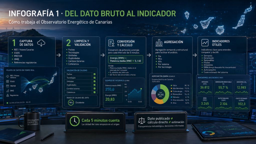 Proceso del Observatorio Energético de Canarias desde la captura de datos de REE, ESIOS, PRETOR y OMIE hasta la creación de indicadores energéticos.