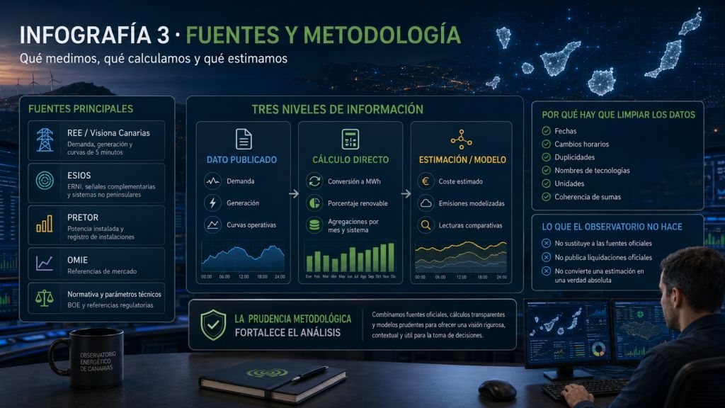 Fuentes y metodología del Observatorio Energético de Canarias, diferenciando datos publicados, cálculos directos y estimaciones.