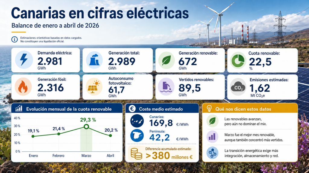 Infografía sobre los parámetros eléctricos de Canarias entre enero y abril de 2026, con demanda, generación renovable, fósil, autoconsumo, vertidos, emisiones y costes estimados.