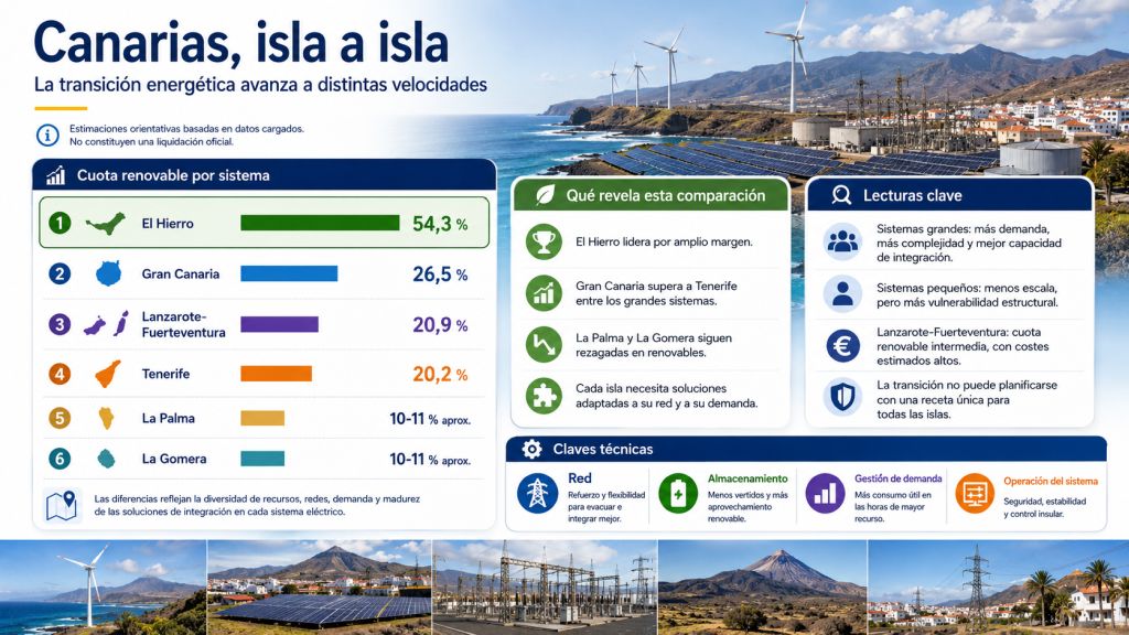 Infografía comparativa de la cuota renovable por sistemas eléctricos de Canarias, destacando El Hierro, Gran Canaria, Tenerife, Lanzarote-Fuerteventura, La Palma y La Gomera.