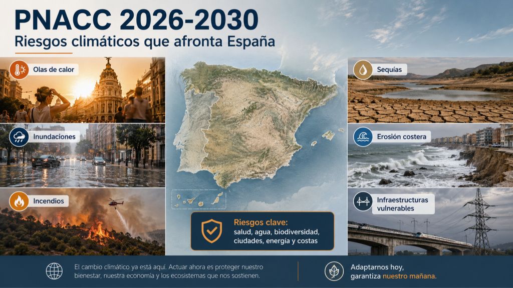 Infografía sobre el PNACC 2026-2030 con los principales riesgos climáticos de España: olas de calor, inundaciones, incendios, sequías, erosión costera e infraestructuras vulnerables.
