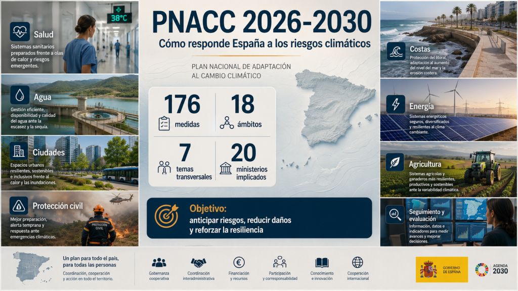 Infografía del PNACC 2026-2030 que resume la respuesta de España ante los riesgos climáticos mediante 176 medidas, 18 ámbitos, 7 temas transversales y 20 ministerios implicados.