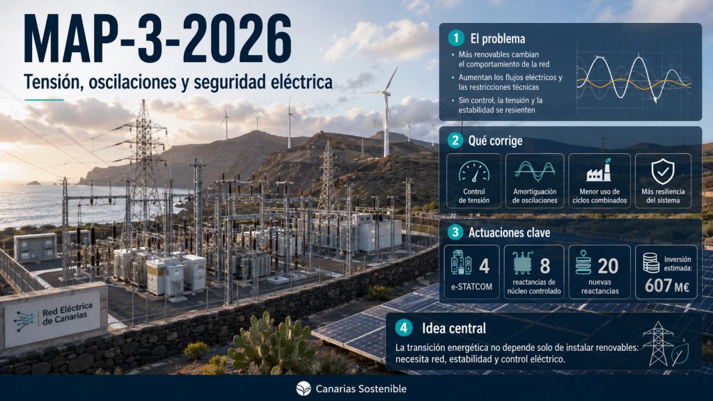 Infografía sobre MAP-3-2026 que explica control de tensión, oscilaciones, e-STATCOM, reactancias y seguridad eléctrica para integrar renovables.