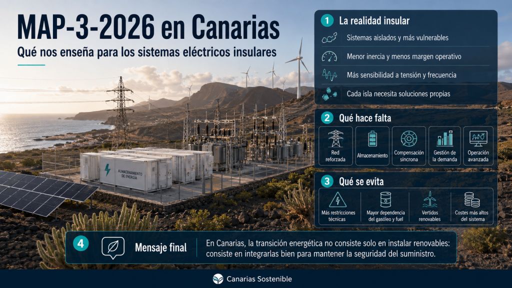Infografía sobre MAP-3-2026 en Canarias y la necesidad de red reforzada, almacenamiento, compensación síncrona y operación avanzada en sistemas insulares.