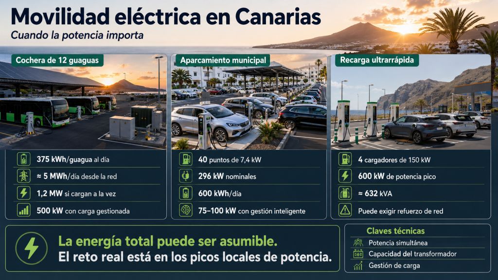 Ejemplos de potencia para movilidad eléctrica en Canarias: cochera de guaguas, aparcamiento municipal y recarga ultrarrápida.