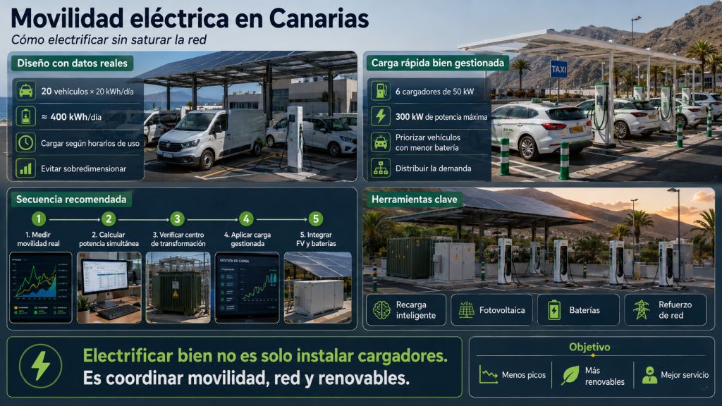 Claves para electrificar la movilidad en Canarias sin saturar la red: cálculo de potencia, recarga inteligente, fotovoltaica, baterías y refuerzo de red.