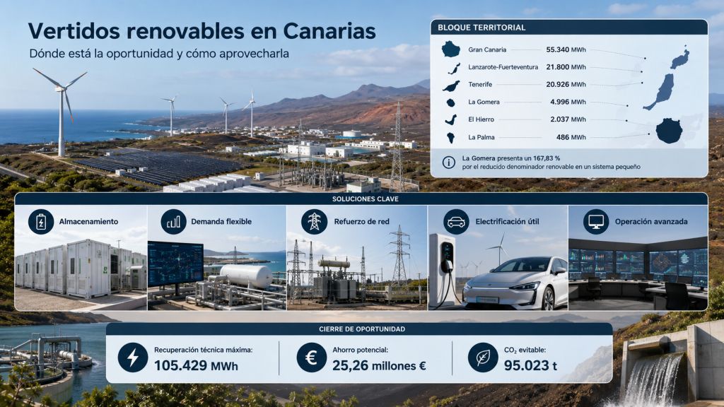 Vertidos renovables en Canarias entre enero y abril de 2026, con 105.585 MWh no integrados, recuperación potencial, ahorro y CO₂ evitable.