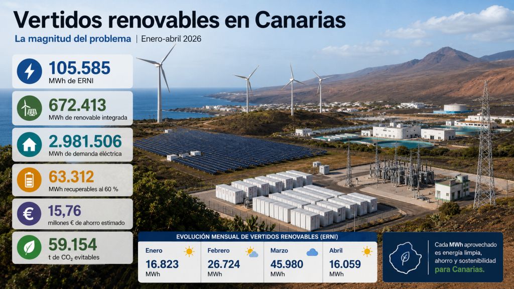Distribución territorial de los vertidos renovables en Canarias y soluciones para aprovecharlos mediante almacenamiento, red y demanda flexible.