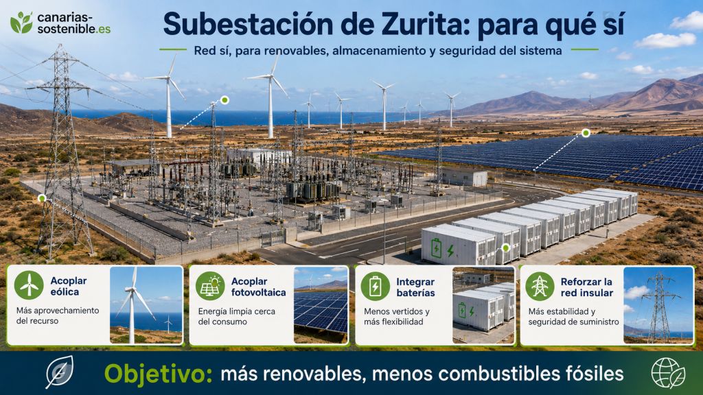 Infografía sobre la subestación de Zurita como nodo para integrar energía eólica, fotovoltaica, almacenamiento con baterías y refuerzo de la red eléctrica insular.