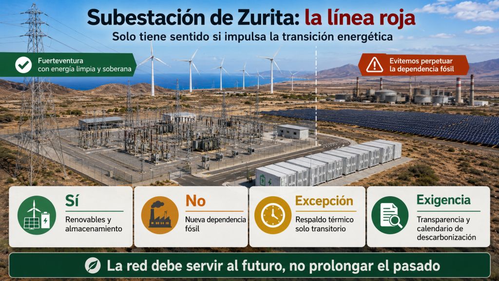 Infografía que contrapone una subestación orientada a renovables y almacenamiento frente a una nueva dependencia de generación fósil en Fuerteventura.
