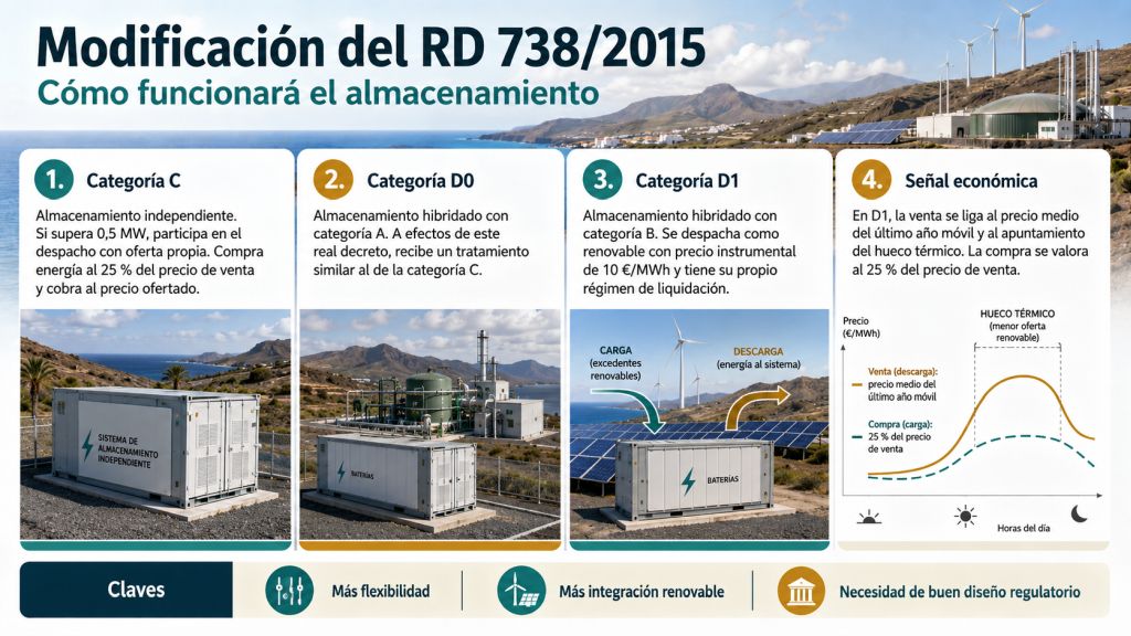 Funcionamiento de las categorías C, D0 y D1 para el almacenamiento eléctrico y sus mecanismos de compra, venta y participación en el despacho.