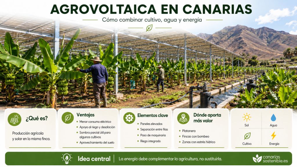 Infografía sobre agrovoltaica en Canarias que explica cómo combinar cultivo, agua y energía en una misma explotación agrícola.