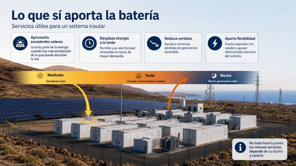 Infografía que muestra cómo la batería de Arico almacena excedentes solares, desplaza energía hacia la tarde, reduce vertidos y aporta flexibilidad.