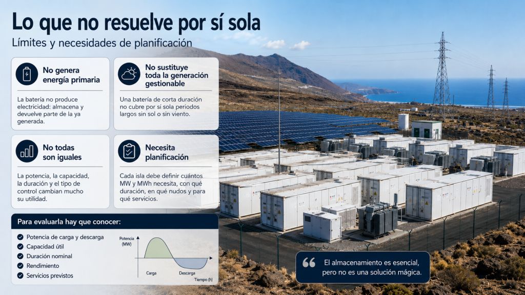 Infografía sobre los límites de las baterías, que no generan energía primaria ni sustituyen por sí solas la generación gestionable y la planificación eléctrica.