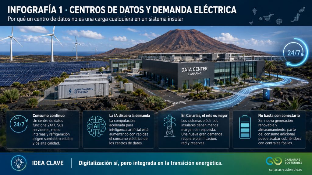 Centro de datos en Canarias funcionando las 24 horas, conectado a energía renovable y almacenamiento en un sistema eléctrico insular.