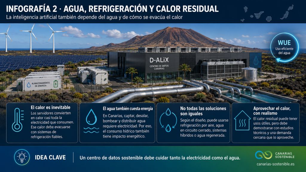 Centro de datos sostenible en Canarias con sistemas de refrigeración, circuitos de agua, energía renovable y recuperación de calor residual.